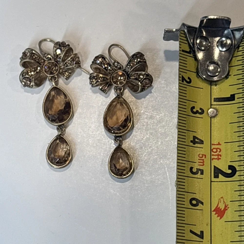 ABS Allen Schwartz Bow Dangle Earrings Champagne Glass Rhinestone Gold Tone